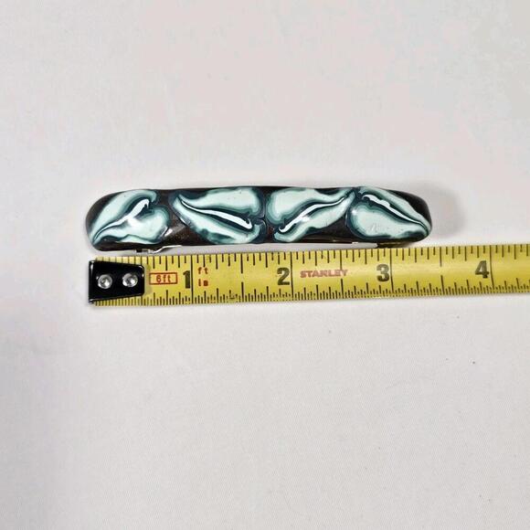 VTG Artisan made Polymer clay hair barrette Clip Turquoise Black floral FRANCE - Picture 5 of 6